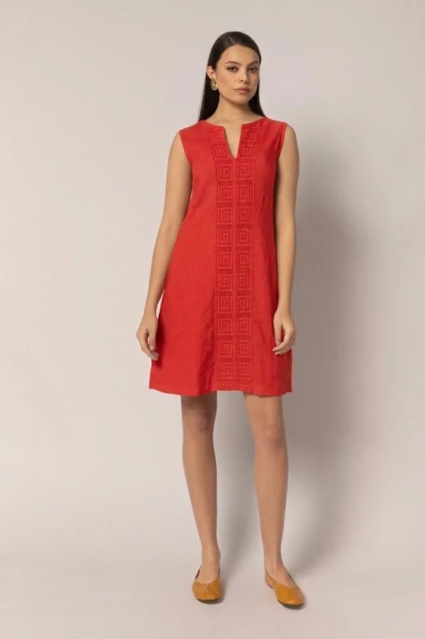 PLS Fashion Linen Short Dress with Meandr Red worn by model