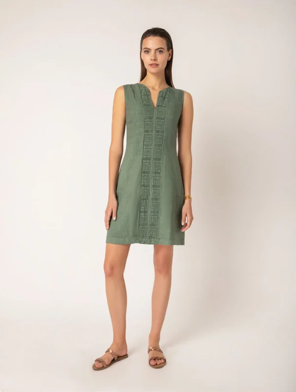 PLS Fashion Linen Short Dress with Meandr Teal worn by model
