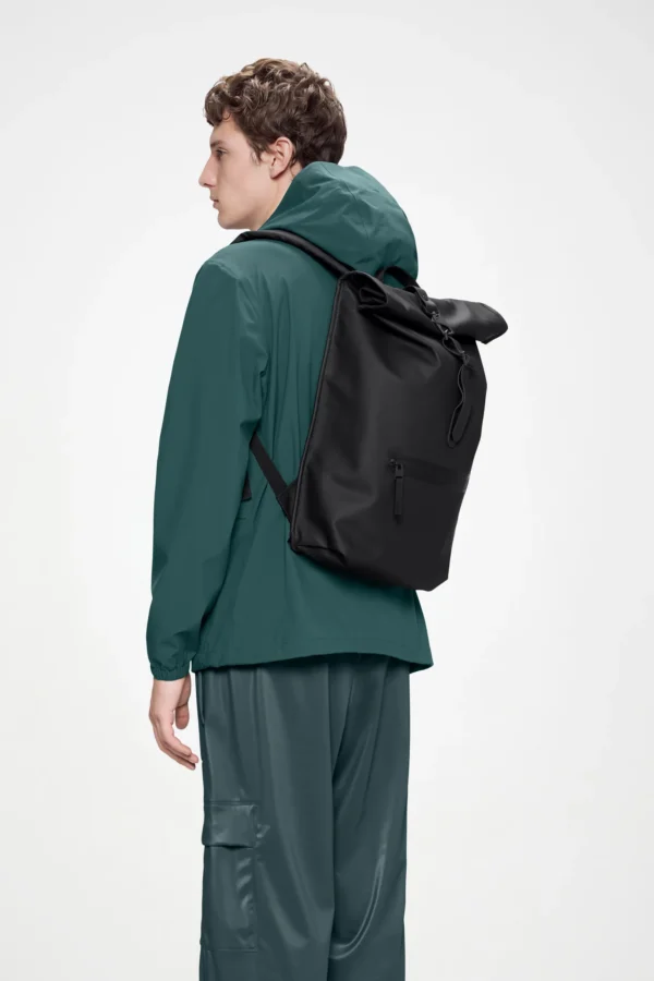 rains-rolltop-rucksack-black (2) Rains Rolltop Rucksack Black worn by model