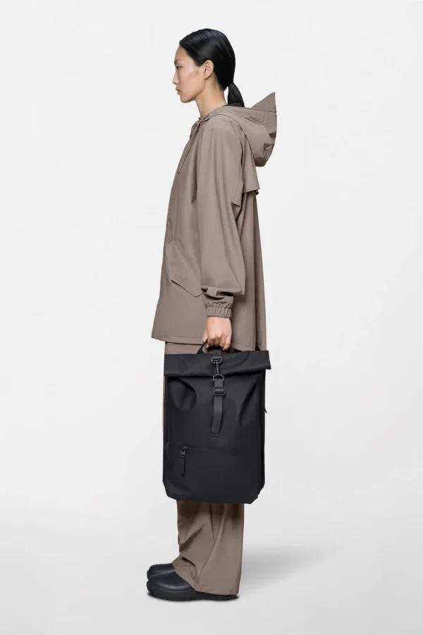 rains-rolltop-rucksack-black (6) Rains Rolltop Rucksack Black worn by model