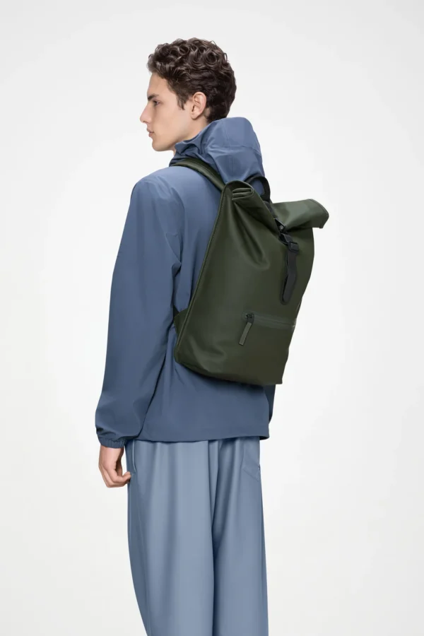rains-rolltop-rucksack-green (2) Rains Rolltop Rucksack Green worn by model