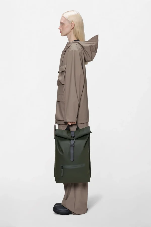 rains-rolltop-rucksack-green (6) Rains Rolltop Rucksack Green worn by model