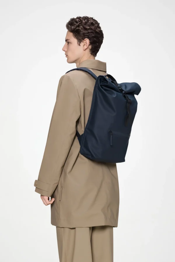 rains-rolltop-rucksack-navy (2) Rains Rolltop Rucksack Navy worn by model
