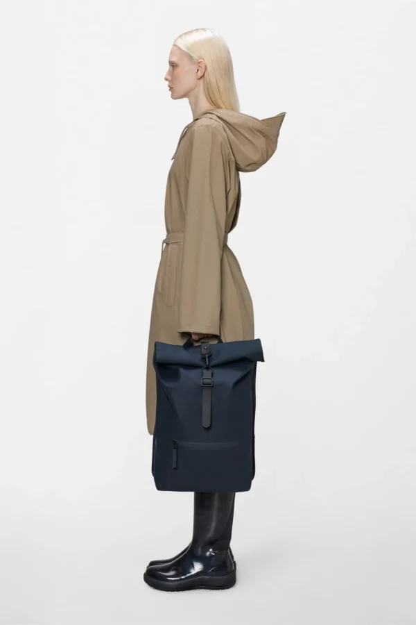 rains-rolltop-rucksack-navy (6) Rains Rolltop Rucksack Navy worn by model